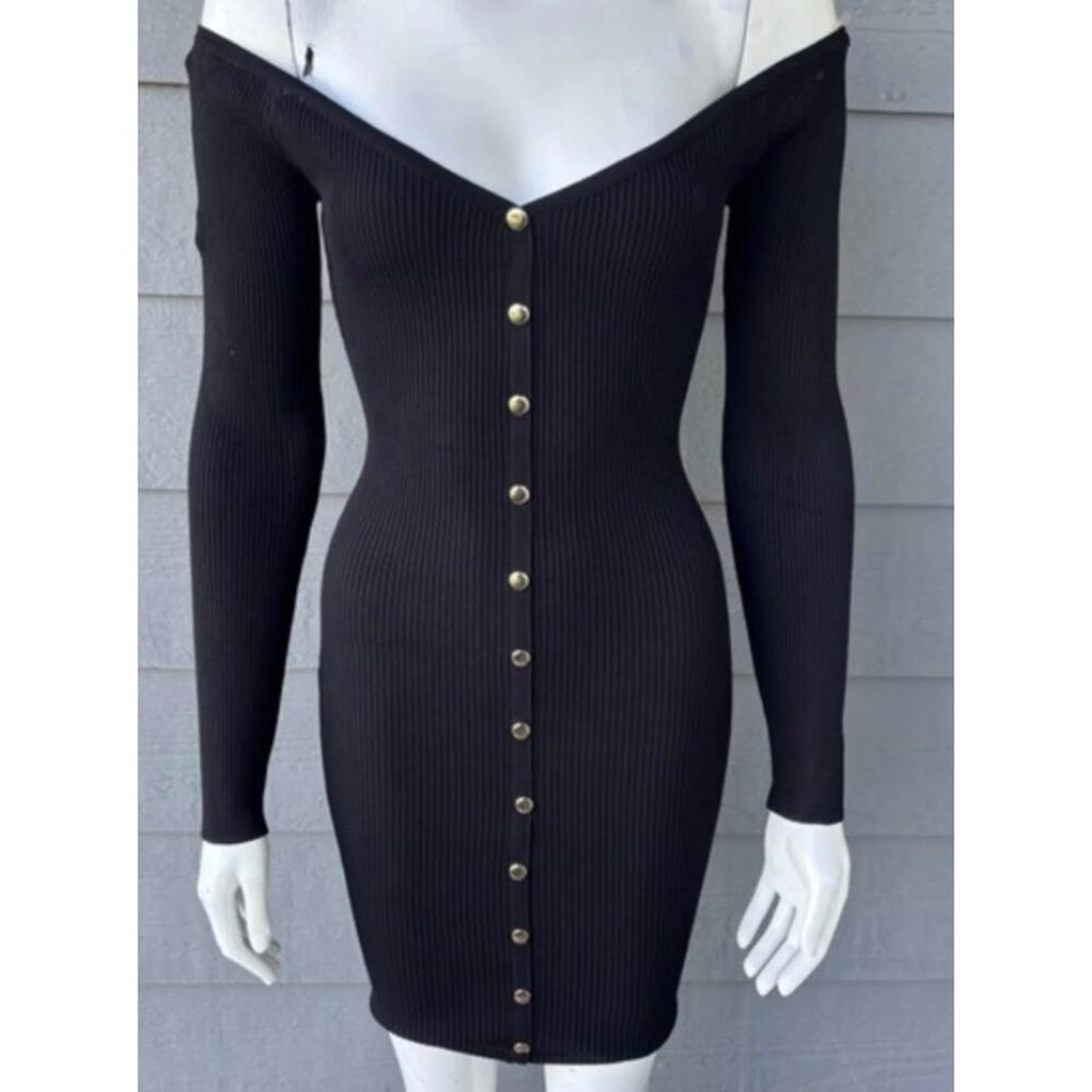 Hera Collection Bodycon Ribbed Dress Womens M Black Faux Button Front Knit Mini
